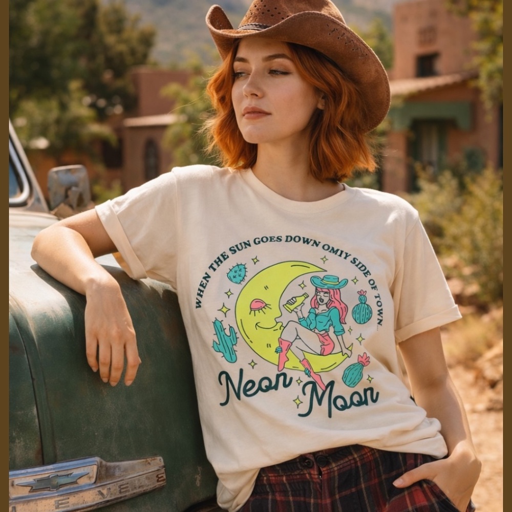 Karat Neon Moon Graphic Tee Cream Western‎ Cowgirl Short Sleeve T-Shirt XS